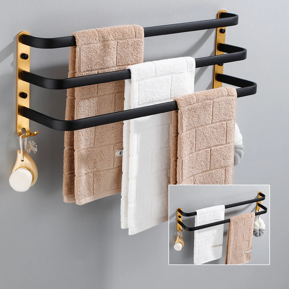 Towel Rack Wall Mounted 30-60CM Multi Rod Hanger Bathroom Space Aluminum Shelf  Multilayer Layer With Hook Towel Bar Hook Holder