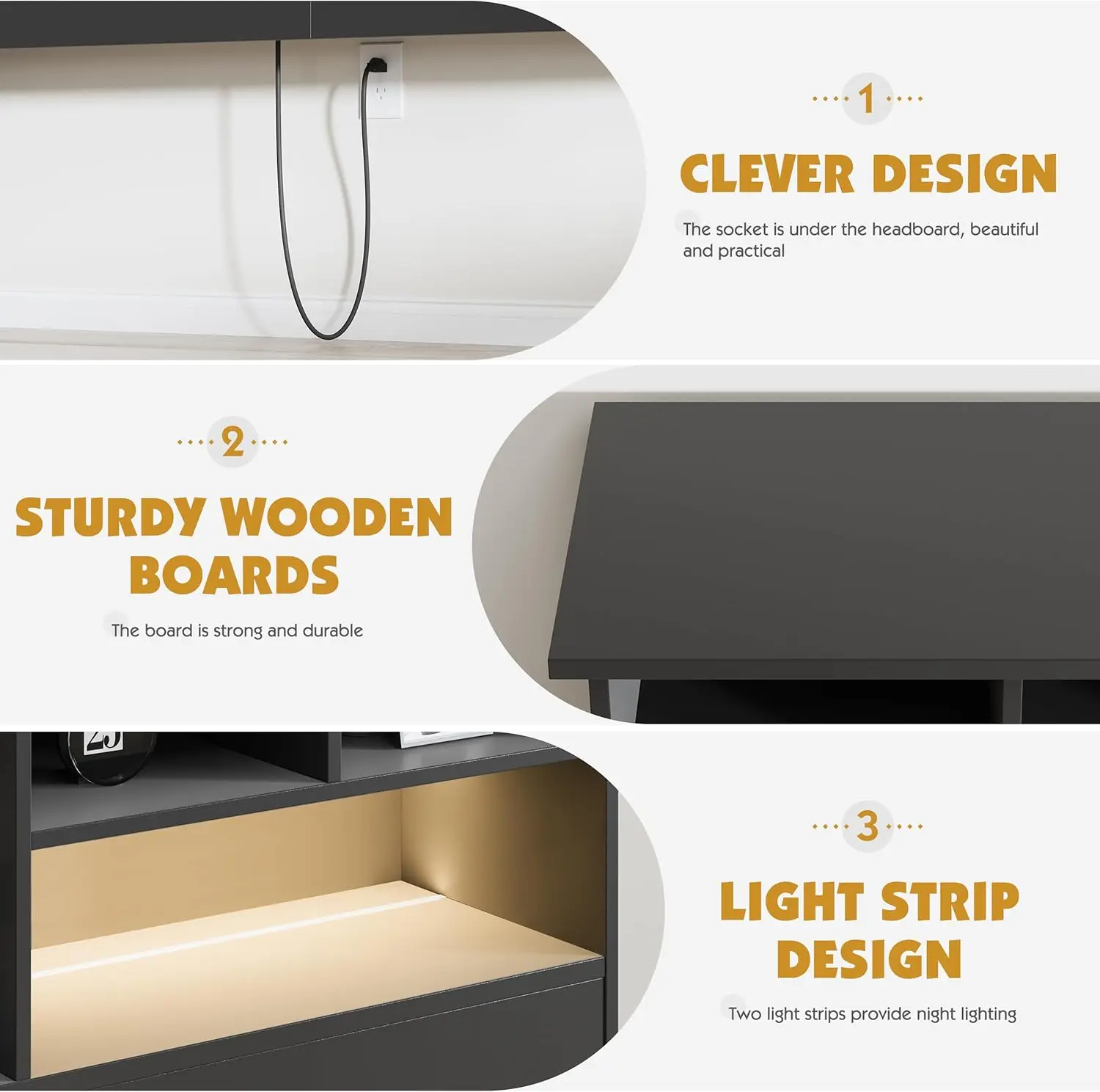 Only for Bedroom, Stylish Bookcase Headboard with Charging Station & 2 LED Lights, Engineered Wood Queen Si