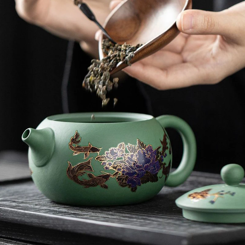 Chinese Style High temperature discoloration Teapot, Purple Clay Raw ore green mud, Kung Fu Household 210ml One pot and two cups
