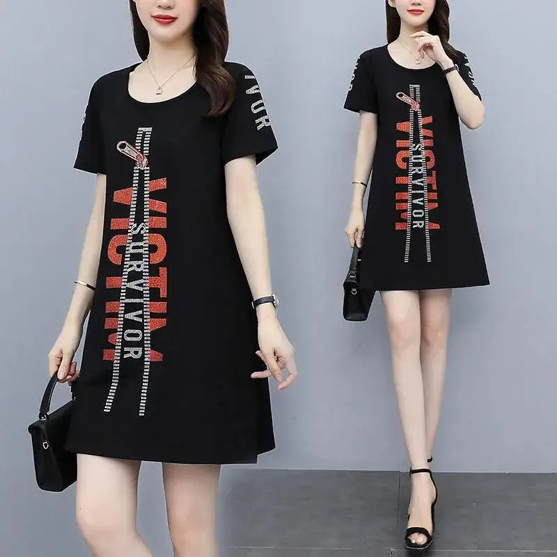

Casual Fashion Printed Midi Dress Summer Short Sleeve All-match Women's Clothing Round Neck Korean Loose A-Line Waist Dresses
