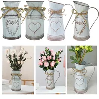 Vintage Garden Metal Flower Vases Home Wedding Artificial Flowers Bucket Barrel Holder Shabby Chic Country Style Jug Can Craft 1
