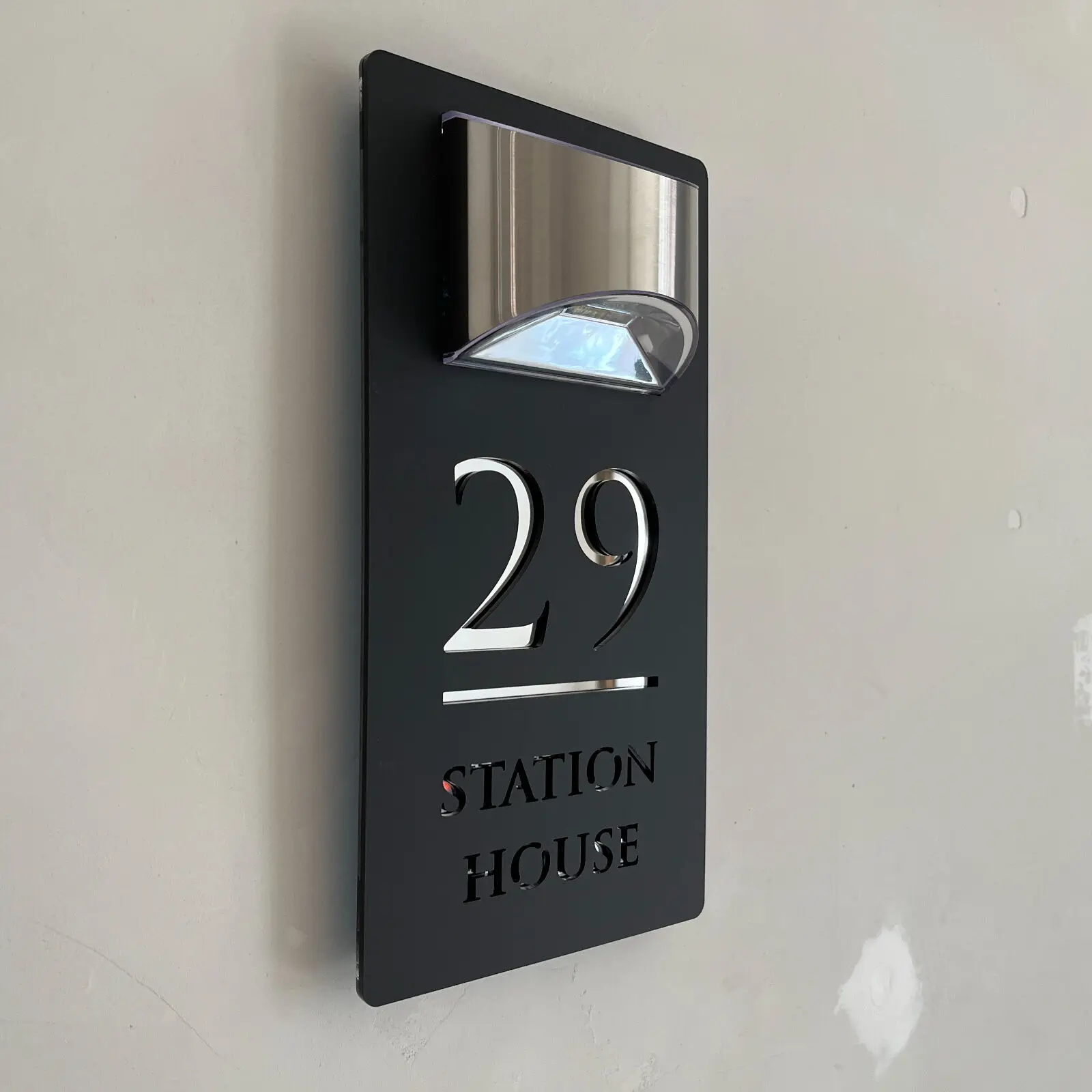 29cm Premium Solar House Sign LED Illuminated Laser Cut Contemporary Modern Door Number Plaque Matte Black White Mirror Silver