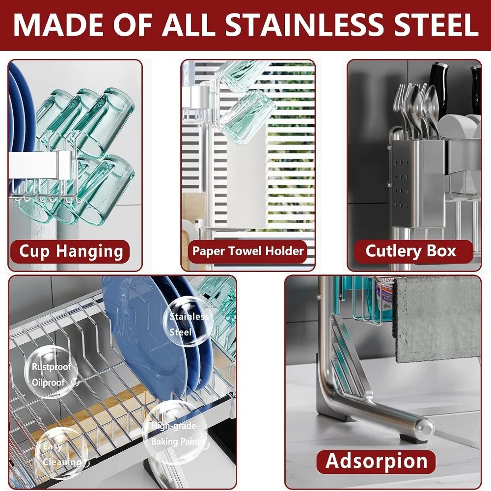 Over Sink Dish Drying Rack, 2 Tier Full Stainless Steel Storage Adjustable  Kitchen Rack, Multifunctional Expandable 3