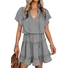 

Women's Solid Color V-Neck Ruffled Belt Waist Pleated Hem Loose A-Line Mini Dress Bohemian Style Fashion Leisure Beach Vacation