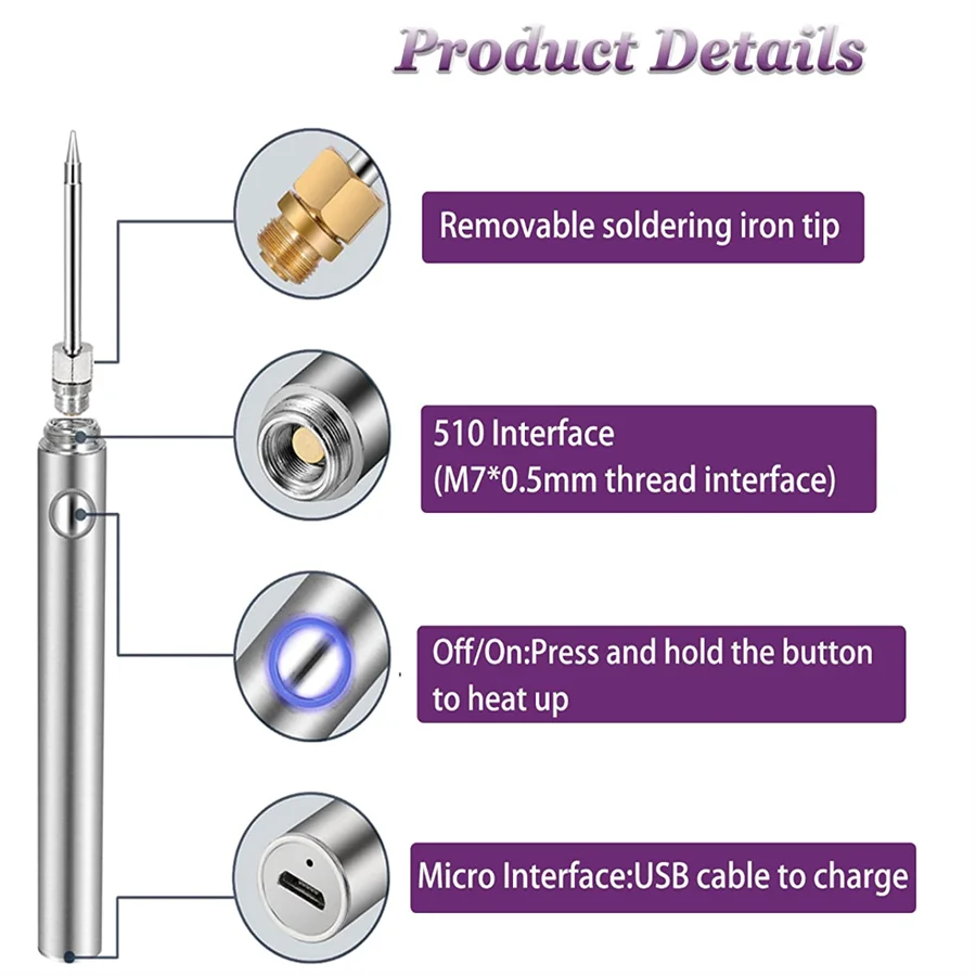 Soldering Iron Electric Soldering Iron Soldering Iron Kit Soldering Iron Set Cordless Soldering Iron Tool Pen Portable USB 5V 8W Electric Powered 3 Tip Kit Rechargeable and Temperature Adjustment