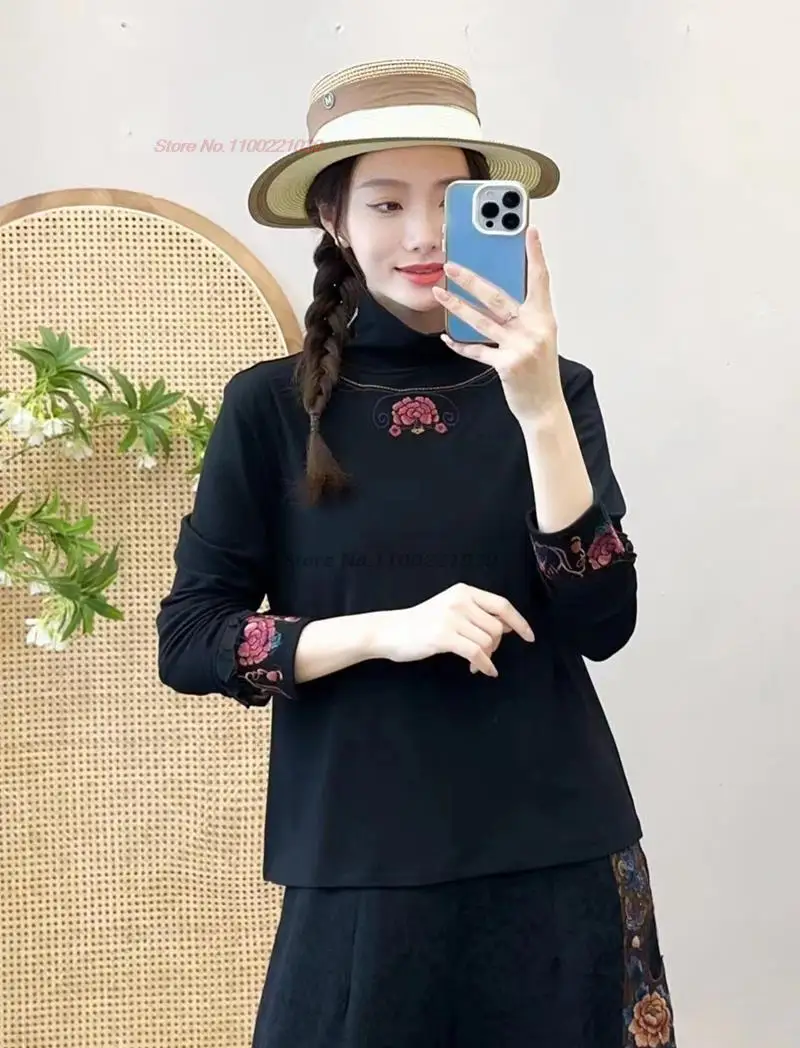 

2024 chinese traditional shirt improved hanfu tops national flower embroidery stand collar shirts oriental fleece lined shirt