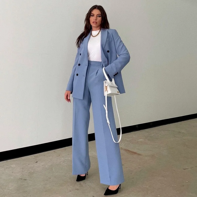 

2023 Spring New Two-piece Set Suit Blue Double Breasted Blazer + Casual Straight Trousers Elegant Fashion Chic Women's Clothes