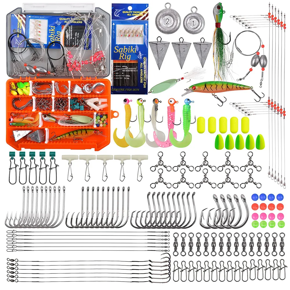 Surf Fishing rig Kit 160pcs Saltwater Ocean Fishing Gear Rigs Minnow Lures  Spoon Bucktail Jig Fishing weights Tackle box