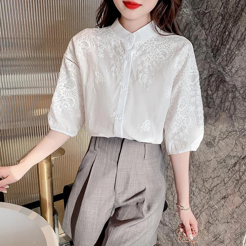 Summer Korean Fashion Vintage Embroidery White Button Up Shirt for Women Casual Chic Sweet Short Sleeve Blouse Top Female Blusas