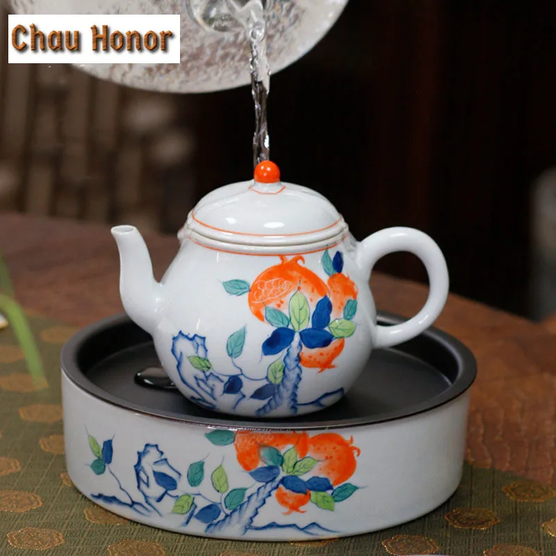 260ml Ceramic Pomegranate Pot With Metal Cover Handmade Drenching Pot Plate Kung Fu Small Plate Tea Residue Plate Accessories