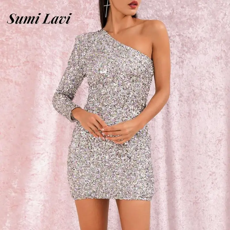 

Sexy Diagonal Collar Long Sleeve Bodycon Dress Women Elegant Shiny Sequins Solid Mini Dress 2024 Fashion Waist Party Gowns Dress