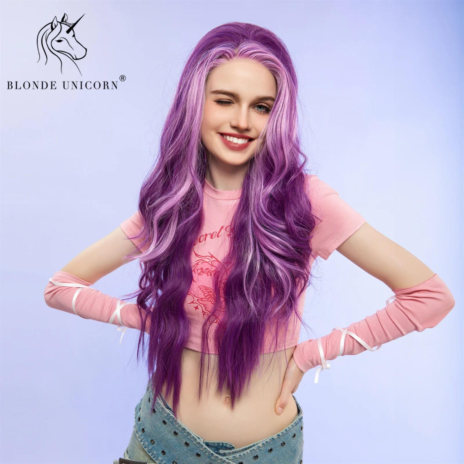 Blonde Unicorn Lace Front Highlight Purple Wave Synthetic Wigs for Black White Women Daily Party Cosplay Heat Resistant