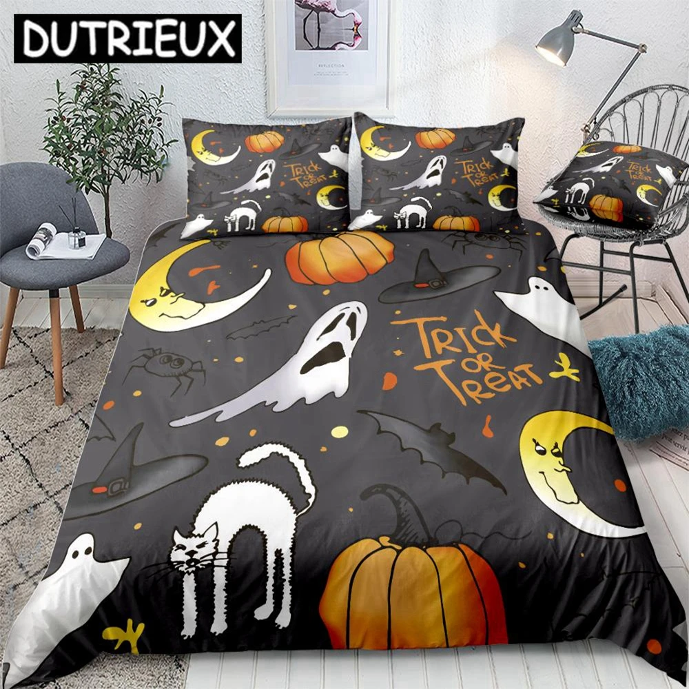 

Happy Halloween Duvet Cover Set Pumpki Hat Bedding Set Skull Cartoon Beds Set Purple Blue Halloween Home Textiles Microfiber