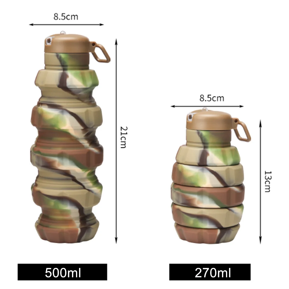 17oz 500ml Portable Reuseable Silicone Foldable Collapsible Travel Water Bottle with Rugby Carabiner