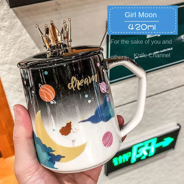 420ml Creative with Lid and Spoon Couple Water Cup Cartoon Crown Dream  Planet Girl Cup Household Trend Personality Coffee Mug - AliExpress