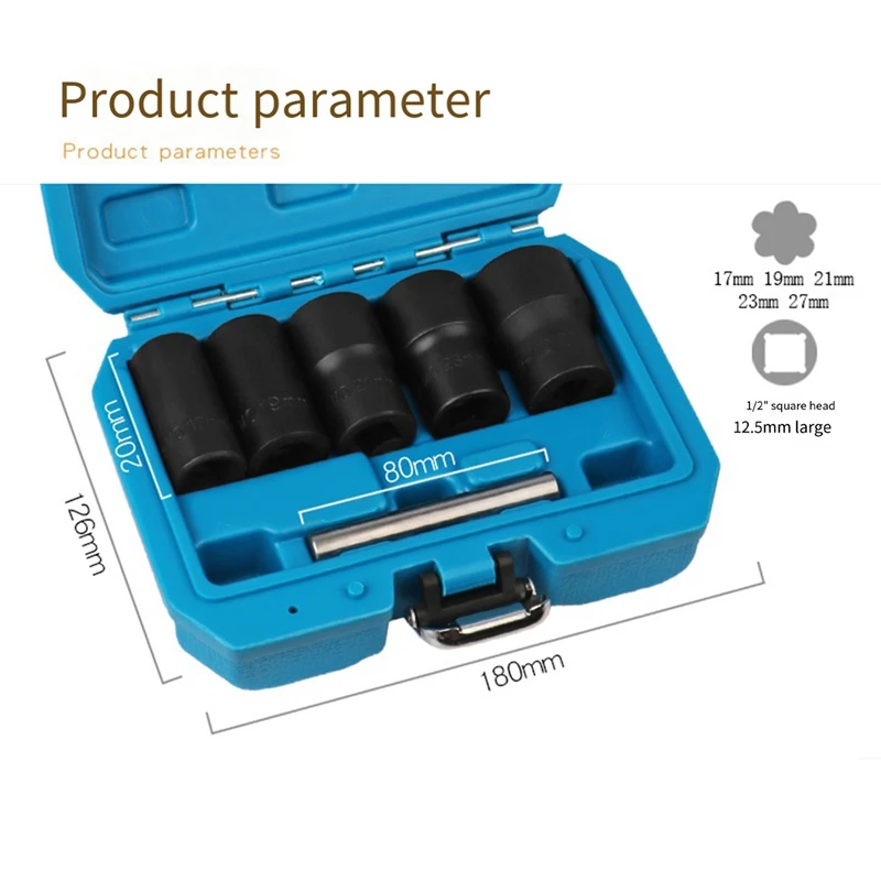 깨진 너트 추출기, 17mm, 19mm, 21mm, 23mm, 27mm 슬리브, 중앙 피어싱 로드 너트 제거 도구 키트, 재사용 가능, 6 개