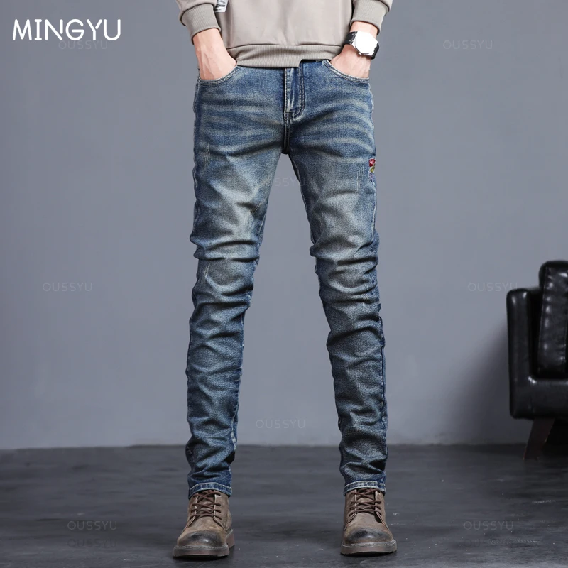 2025 New Four Seasons Men's Jeans Vintage Blue Solid Color Elastic Classic Jeans Men Slim Fashion Denim Trousers Male 27-38