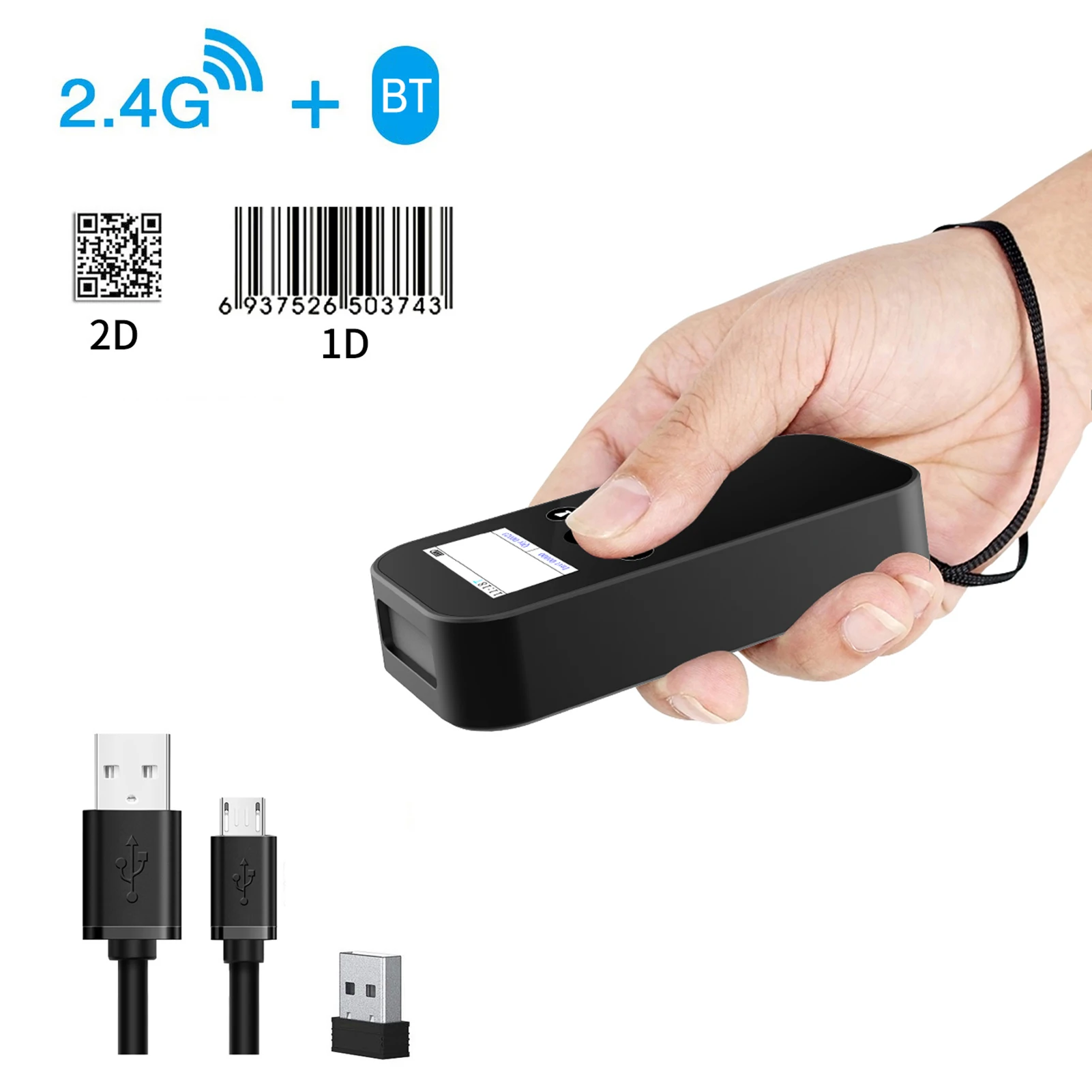 2D 1D Wireless USB 2.4G BT Barcode Scanner with Screen Display Handheld Bar Code Reader Battery Level Time Display Works