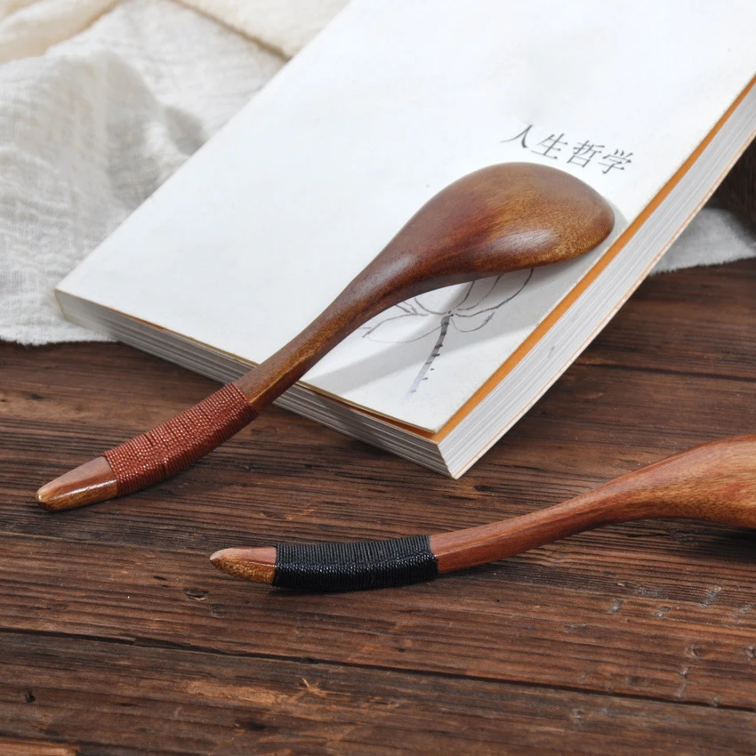 2 Pcs Wooden Spoons Rice Scoops Coffee Honey Stirring Mixing Spoon Teaspoon Kitchen Cooking Twine Wood Spoon for Noodle Soup