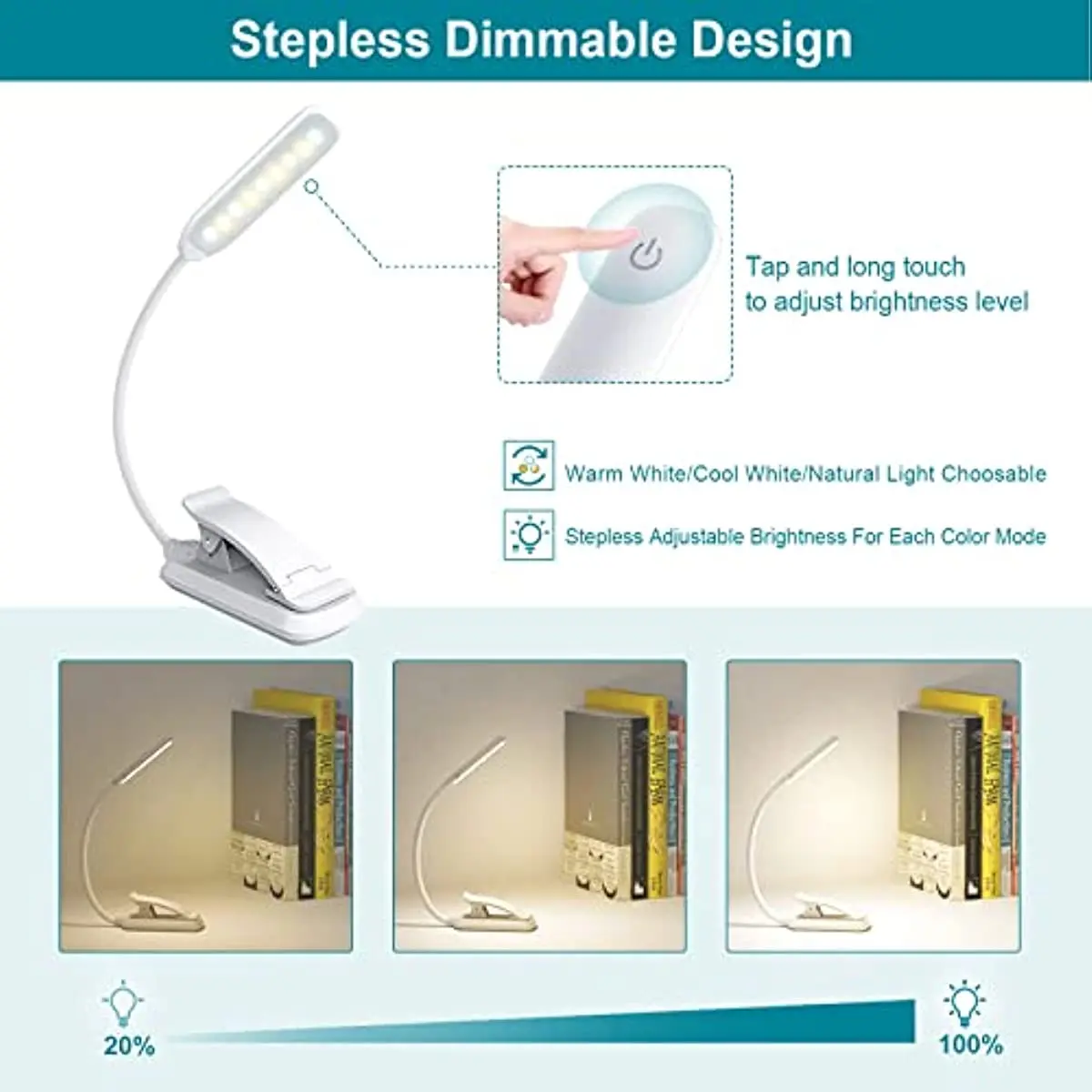 9 LED Book Light USB Rechargeable Clip on Reading Light with Touch Sensor 3 Color Dimming Book Bed Night Reading