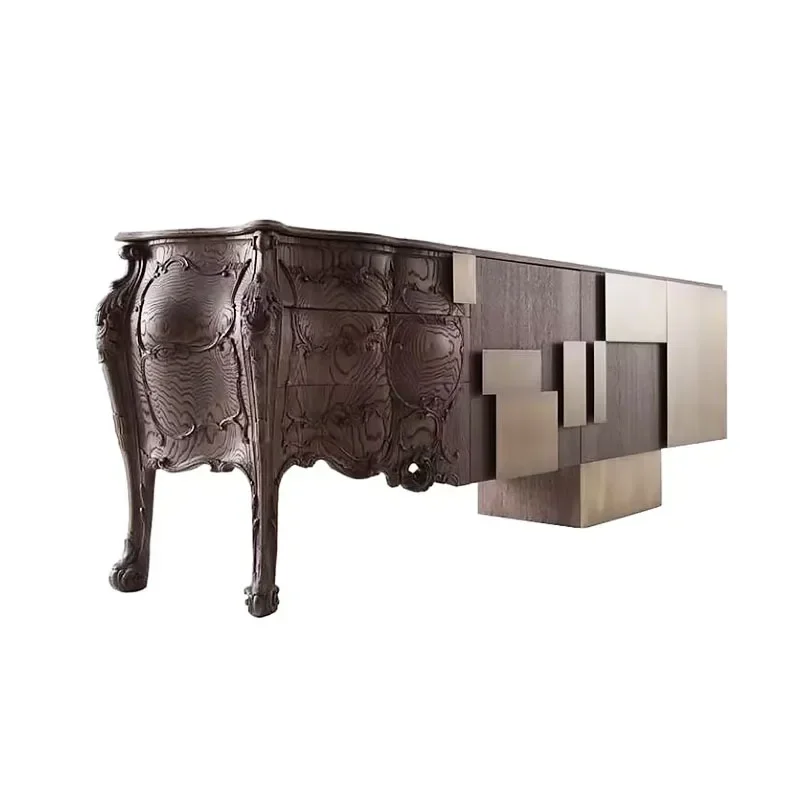 Neoclassical solid wood carved side cabinet designer retro special-shaped TV cabinet art light luxury storage