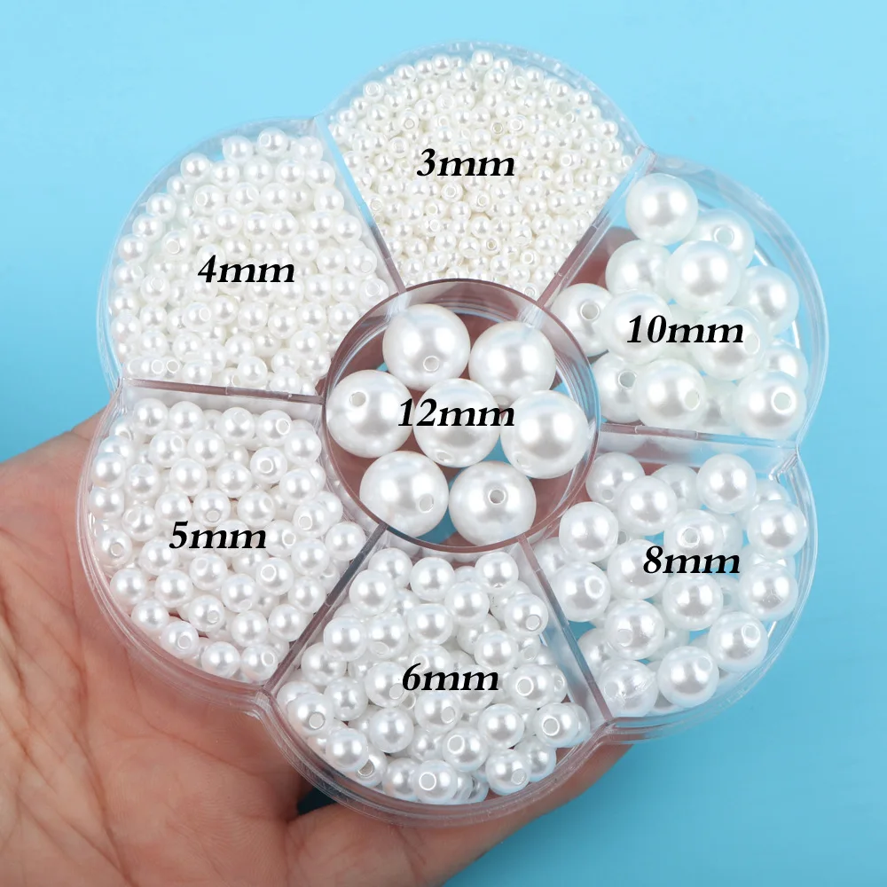 3mm-12mm Mix size Pure White/Pearl Boxed wtraight holes round imitation plastic pearl beads for needlework & Jewelry Making
