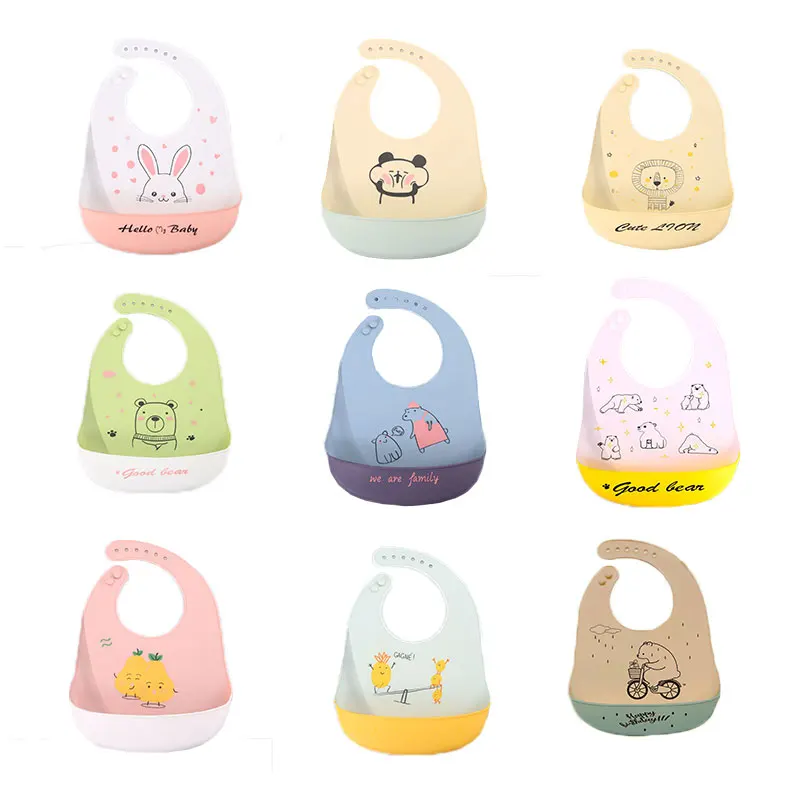 Baby Silicone Bib Cute Cartoon Printed Rice Pocket Waterproof Soft Child Bib Child Girl Boy Adjustable Lunch Feeding Stuff