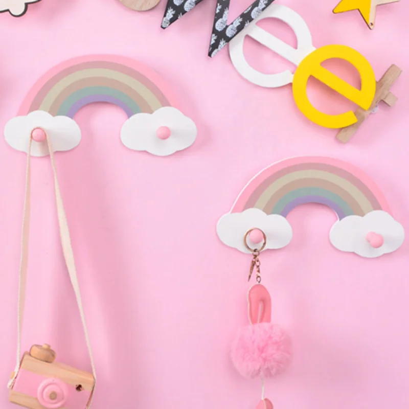 Cute Rainbow Kids Room Hook Wall Mounted Key Holder Wood Wall Hanger Girls Bedroom Decoration Hooks Clothes Sundries Organizer 4