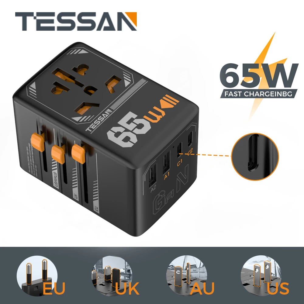 

Универсальное дорожное зарядное устройство TESSAN с двумя USB-портами, 65 Вт
