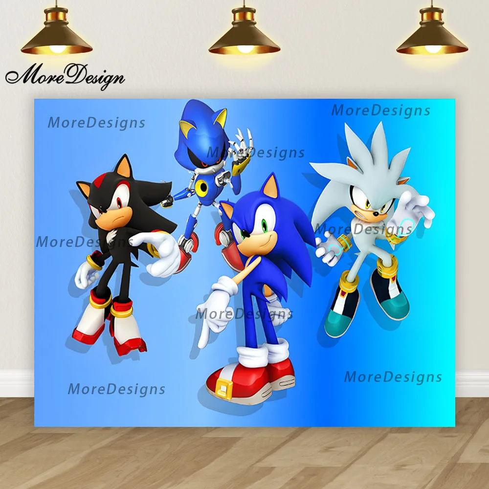 thumbnail image 1 of Banner de cumpleaños de Sonic, fondo fotográfico para niños, decoración para la primera fiesta de niños, fondo de tela de poliéster y vinilo con dibujos animados, 1 of 5