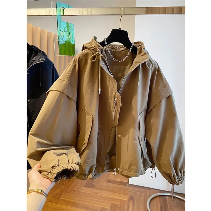 2024 Fashion Spliced Zipper Shirring Printed Hooded Coats Women\'s Clothing Autumn Winter Loose Casual Windbreake Tops Jackets