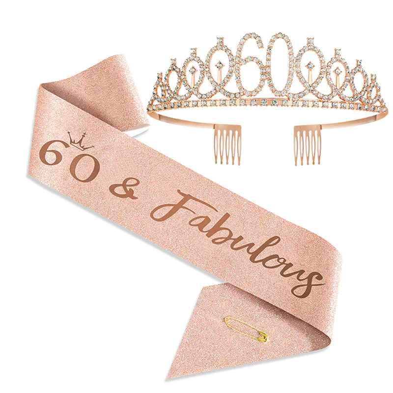Hair Accessories Party Photo Props 2Pcs 18 30 40 50 60th Rose Gold Headband Shoulder Strap Set for Women's Happy Birthday Anniversary Celebration Party Decor