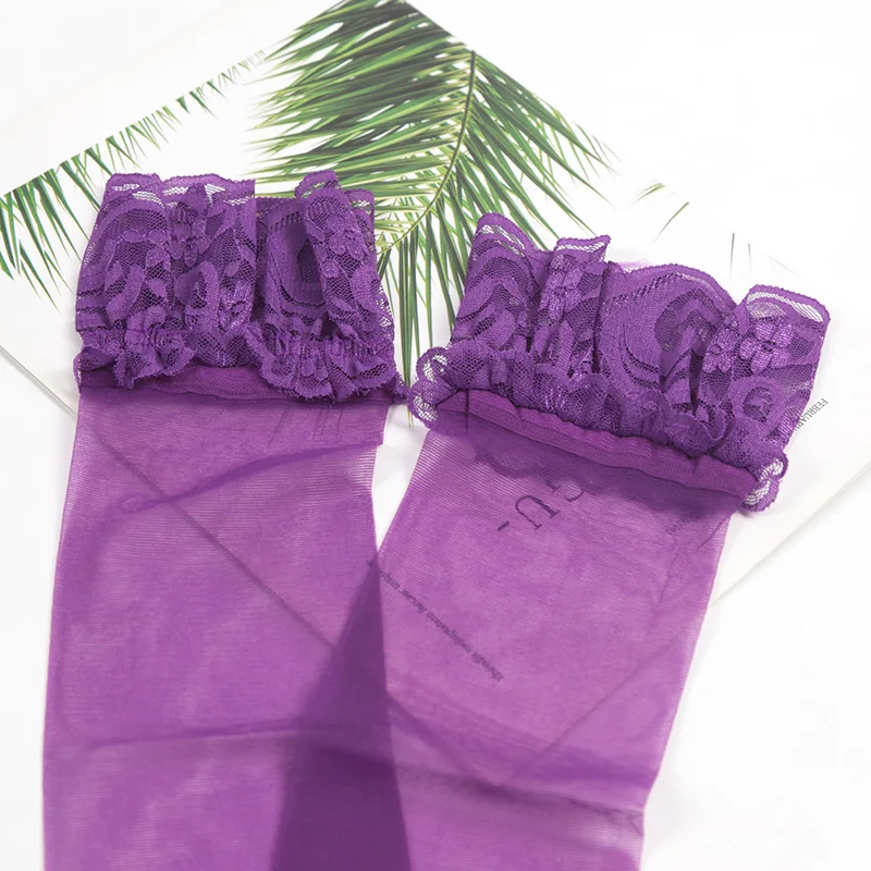 Damen Burgunderrote Spitzenstrümpfe Leicht Glänzende Seidige Strümpfe Breiter Schaft Transparente Overknee-Strümpfe Sexy Überknie-Lange Socken – Detail 12