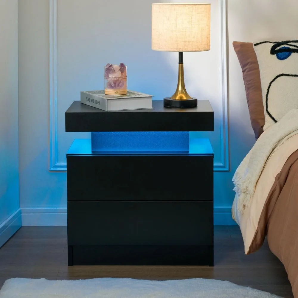 Nightstand Set of 2 LED Nightstand with 2 Drawers, Bedside Table with Drawers for Bedroom, Side Bed Table with LED Light, 3