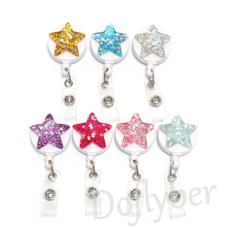 Star Glitter Retractable Badge Reel Nurse Doctor Staff Pull ID Card Badge Holder Belt Clip Hospital School Office Supply