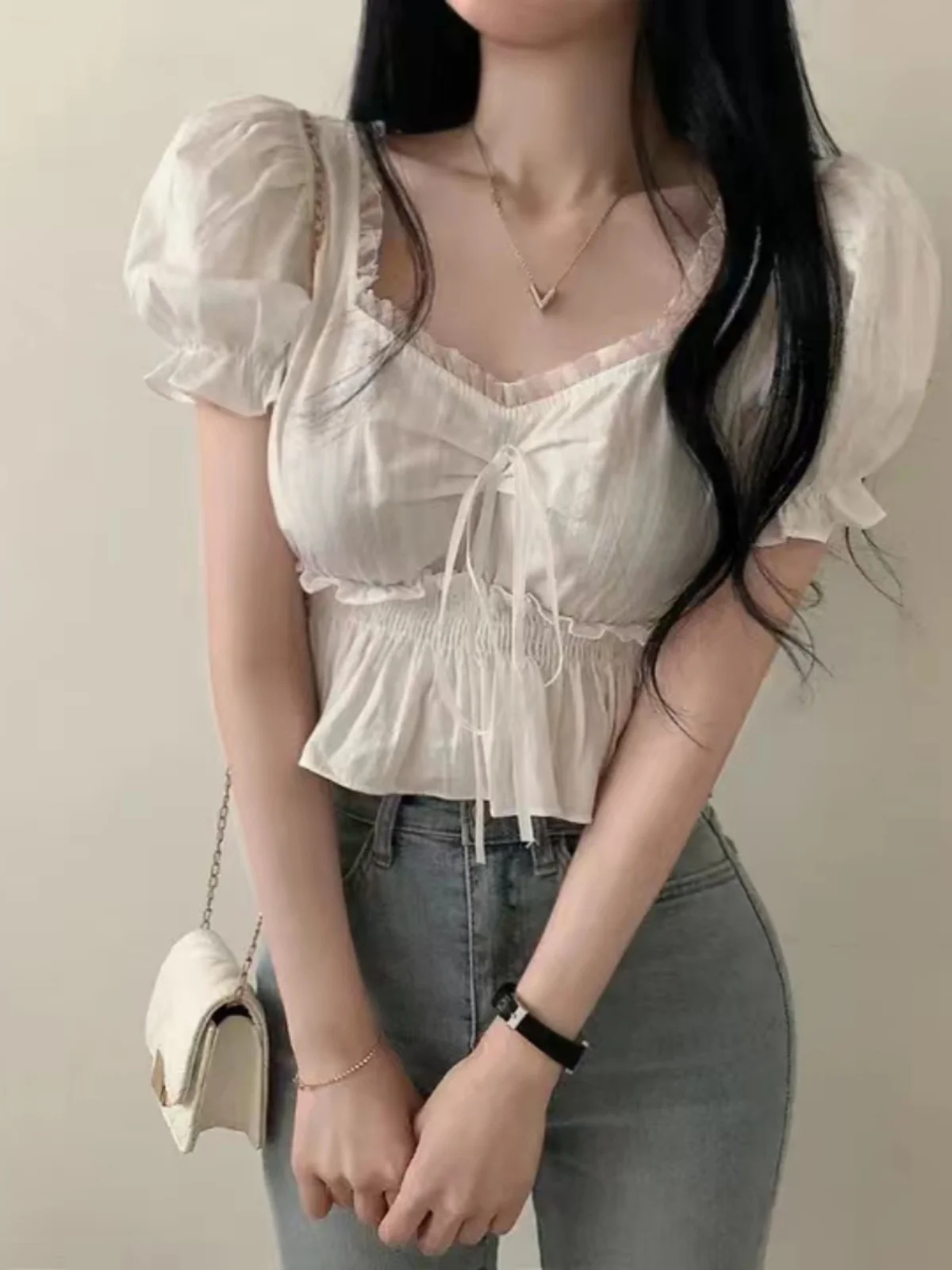 세련된 레이스 패치 워크 여성 셔츠 짧은 버블 슬리브 허리 Cinching 디자인 감각 매듭 여름 탑 한국 스타일 루즈 피트