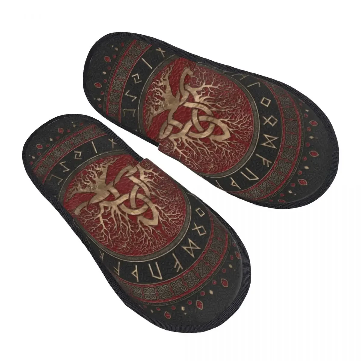 

Tree Of Life With Triquetra Black Red Leather And Gold Memory Foam House Slippers Viking Norse Yggdrasil Cozy Warm Sole Slipper