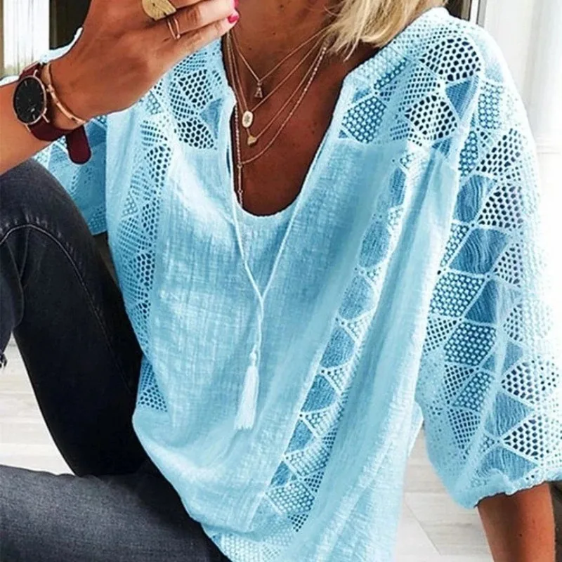 Women's Hollow Out V-Neck Short Sleeve Cotton White Shirt Loose Stitching Lace Blouse Casual Tops Summer Fashion 2025 24294