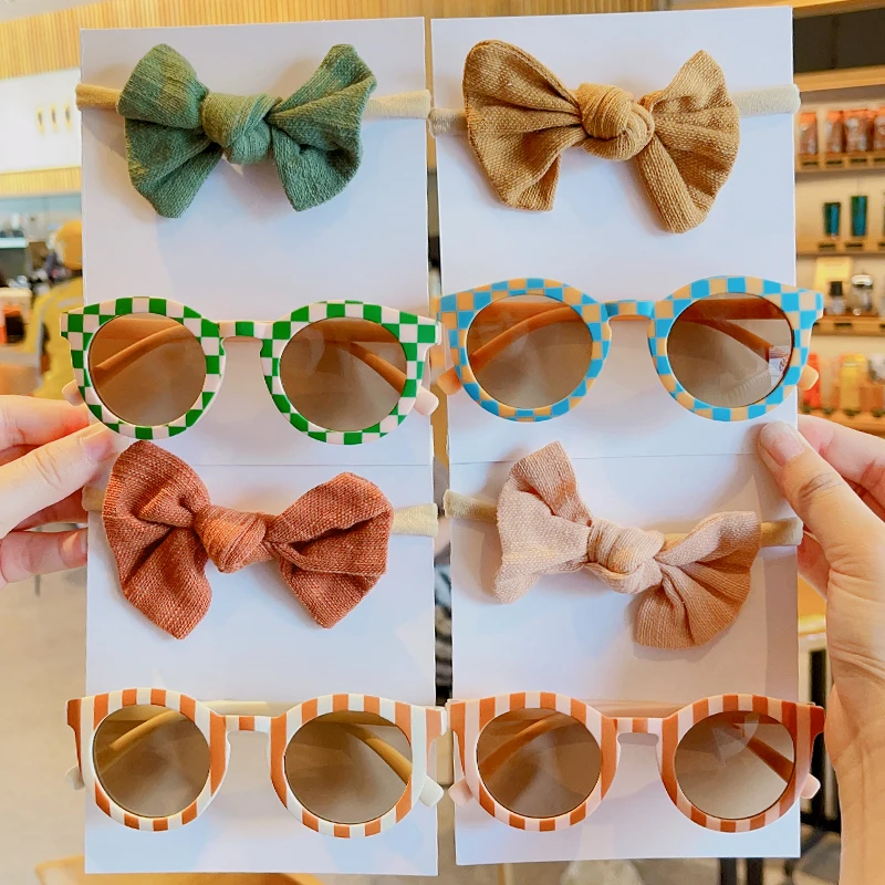 2 teile/satz Kinder Hecker Panel Runde UV400 Sonnenbrille Baby Mädchen niedlich einfarbig Bowknot Stirnband Kinder schöne Haarschmuck