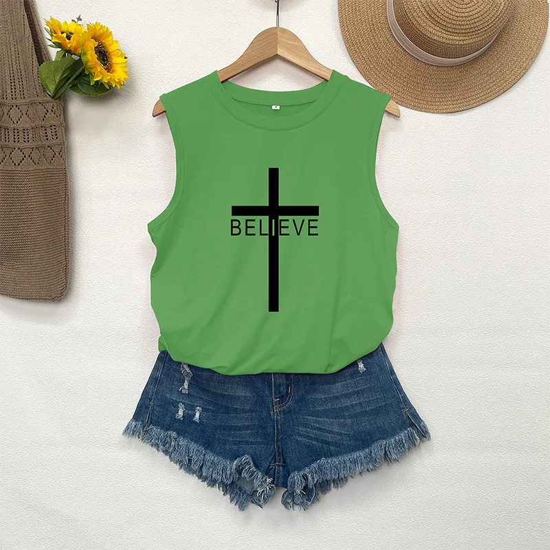 

Sleeveless Vest Top Casual Fashion Y2k Women's Summer T-shirt Korean Cross Print T-shirt Daily Office Women's Clothing 2024