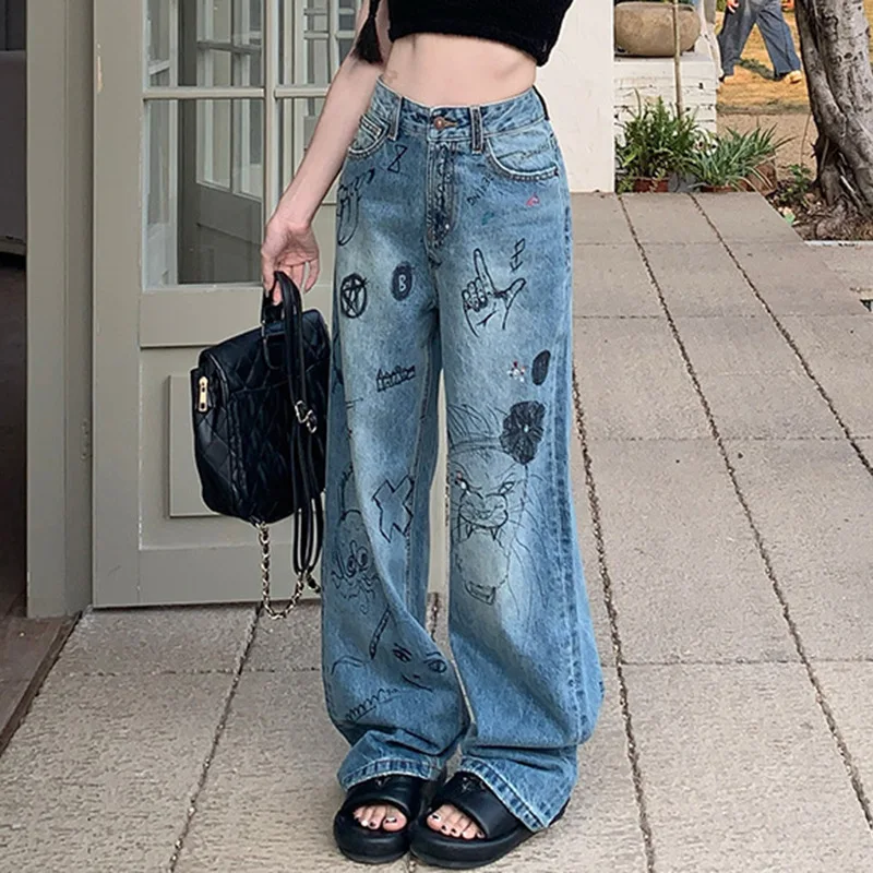 

Hsa Korean Summer High Waisted Jeans Women Trend Wide Leg Pants Harajuku Vintage Streetwear Straight Y2k Printed Harajuku Pants