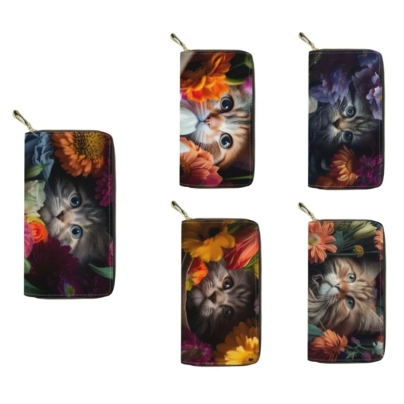 

2023 Hot Fashion Flower Cats Print Leather Wallets For Women Leather Female Credit Card Holders Zipper Clutch Hand Bag Purse