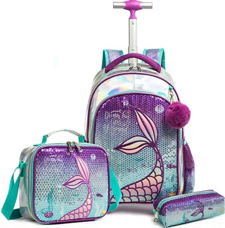 School Kids Rolling Rugzak Voor Meisjes Met Wielen 3 In 1 School Wheeled Backpack Set Voor Meisjes School Trolley Tas met Wielen