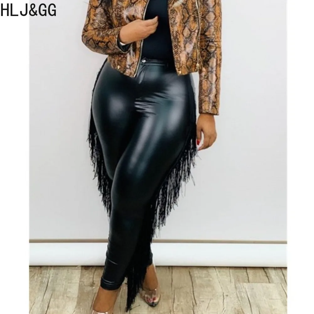 HLJ&GG Casual Solid Color PU Leather Tassels Pants Women High Waist Button Skinny Trousers Fashion Female Matching Bottoms 2024