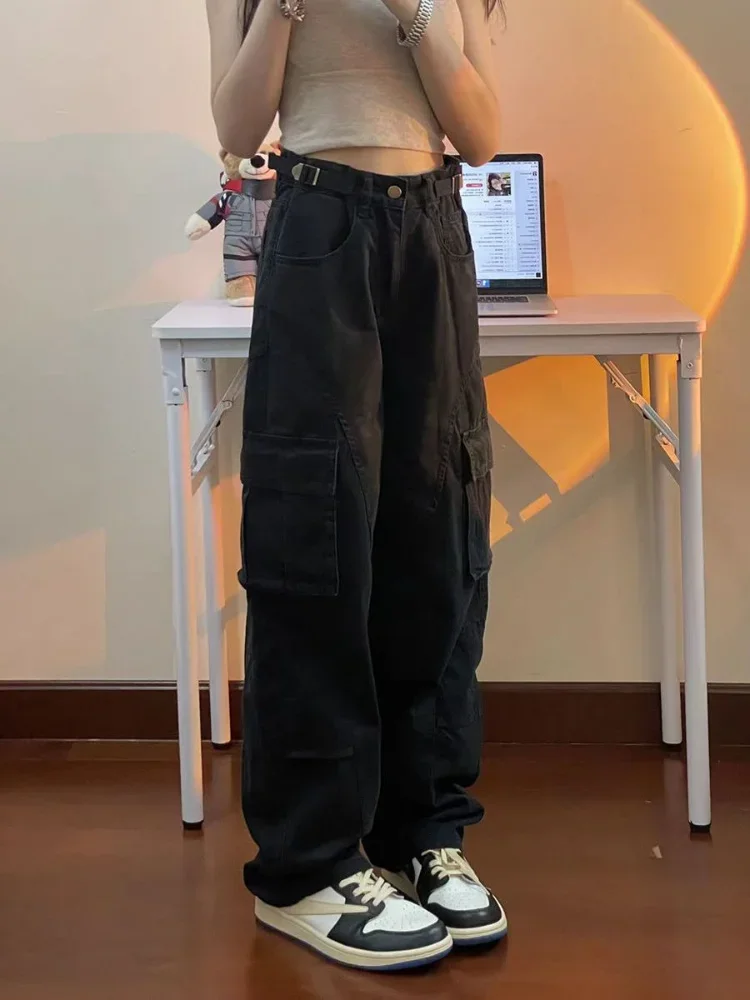 Women Jeans Cargo Pants Black Vintage Streetwear Y2k Baggy High Waist Fashion Female Denim Trousers American Retro 2024