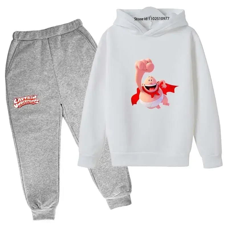 Chándal con estampado de dibujos animados de Capitán Calzoncillos para primavera y otoño, conjunto de 2 piezas informal bonito para niños y niñas, sudadera con capucha y pantalones, ropa para niños