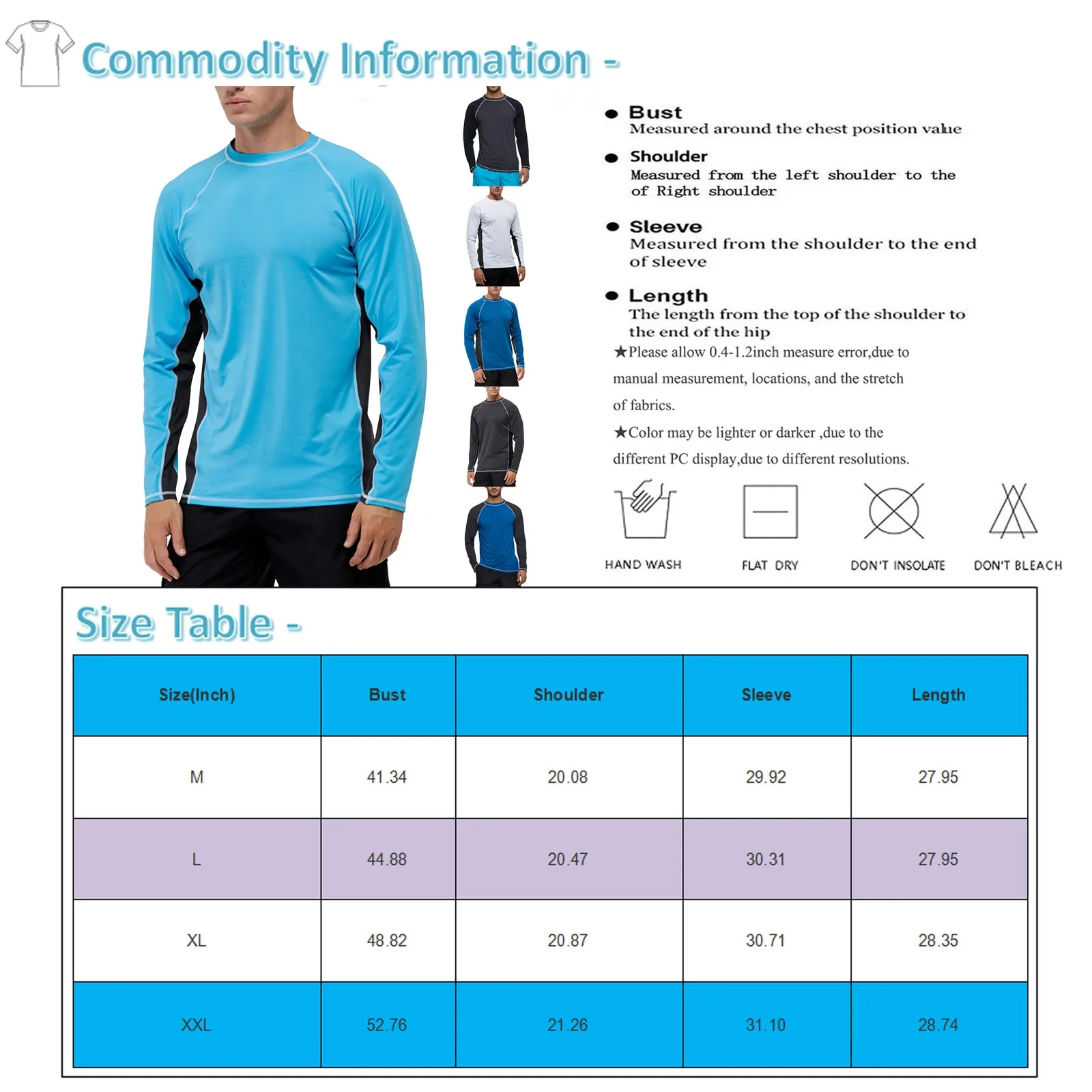 Men's Long Sleeve UPF 50+ Rash Guards Diving UV Protection Lightweight T-Shirt Loose Fit Swimming Quick Drying Surfing