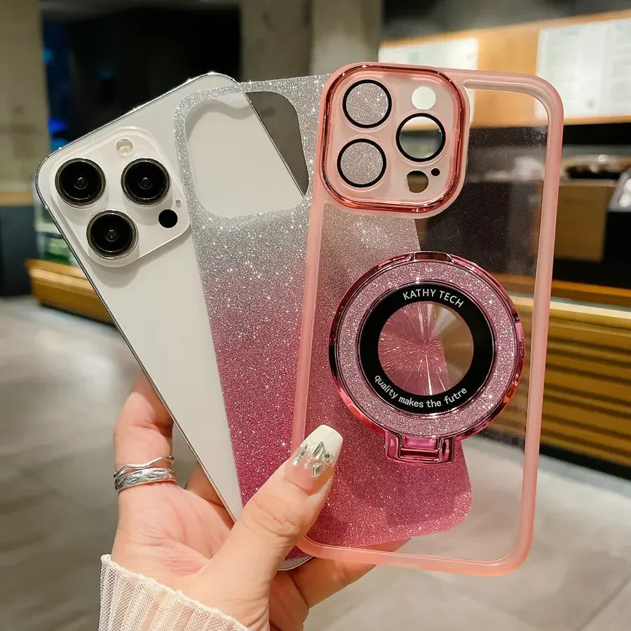 Glitter TPU Ring Holder Case with Lens Protector - Soft Silicone Cover