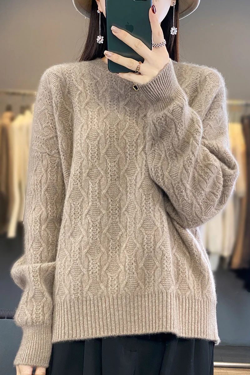 

100% Merino Wool Sweater Traf Official 2023 Autumn And Winter New Women's Hollow Cable Retro Pullover Top