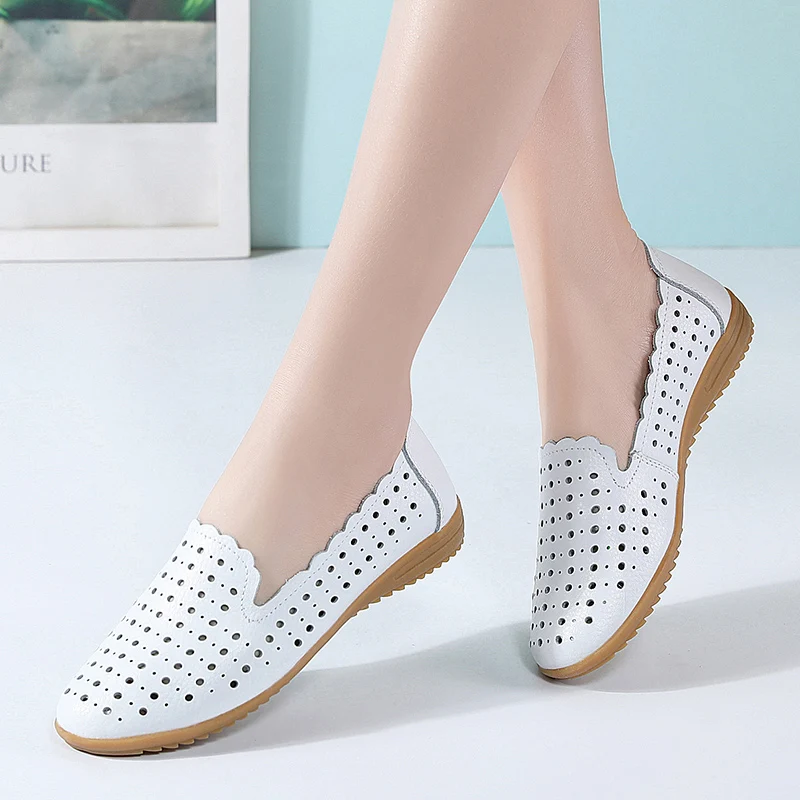 Summer Women Fashion Casual Shoes Leather Slip-on Flats Loafers Ladies Designer Sneakers Hollow Out Breathable Women's Moccasins women shoes,women sneakers,women flats,casual shoes